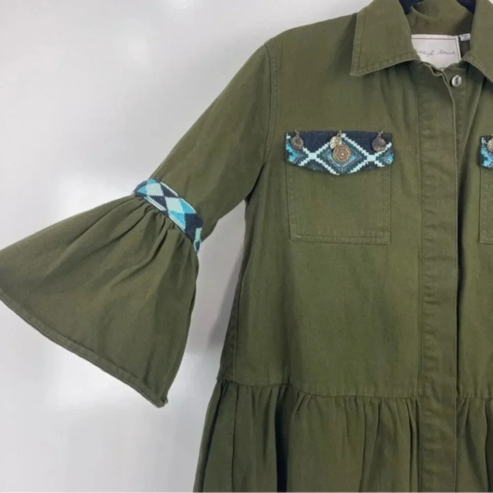 Anthropologie Beautiful Stories Green Aztec Fringe Boho Inika Jacket Size XS